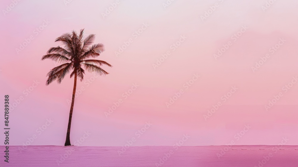 Naklejka premium Silhouette of a palm tree on the sand with a pastel purple or pink horizon. copy space. palm tree against a pink sunset background