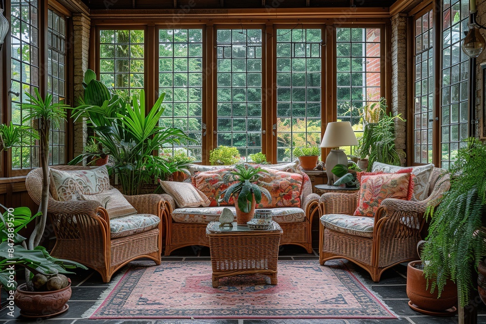 Traditional English conservatory with wicker furniture and botanical prints. Traditional English conservatory with wicker furniture and botanical prints.