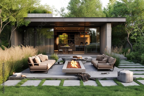 Industrial chic outdoor lounge with concrete fire pit and steel furniture.