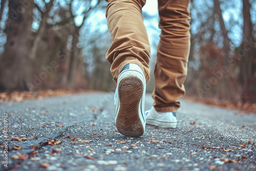Sportive person walking quickly in the park. Take your pants for a walk day