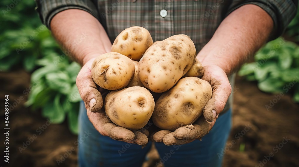 The farmer holds potatoes in his hands. selective focus. Generative AI, The farmer holds potatoes in his hands. selective focus. Generative AI,