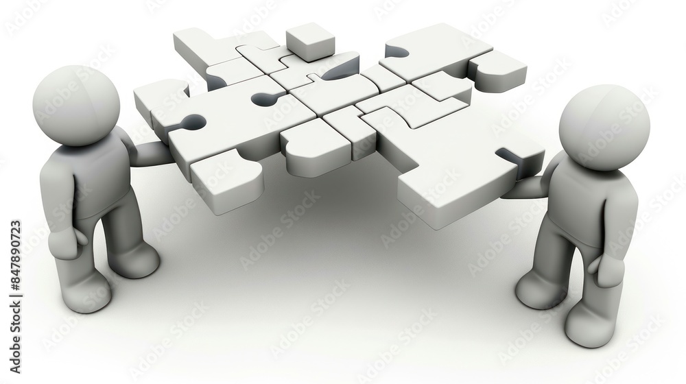 Concept of teamwork. Two figures holding a puzzle together, representing teamwork Concept of teamwork. Two figures holding a puzzle together, representing teamwork