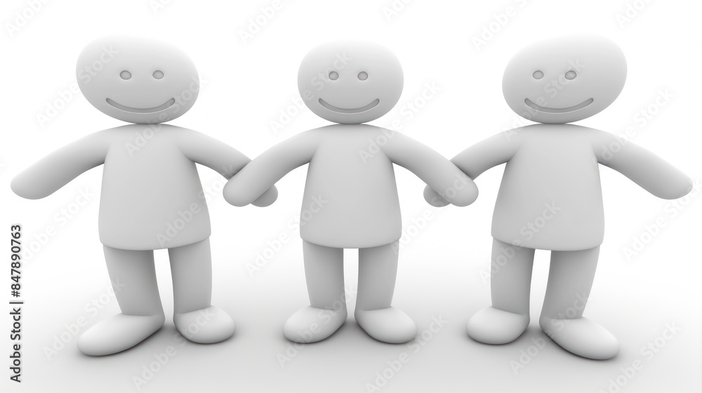 Concept of teamwork. Three simple white figures stand in a row, smiling and holding hands Concept of teamwork. Three simple white figures stand in a row, smiling and holding hands