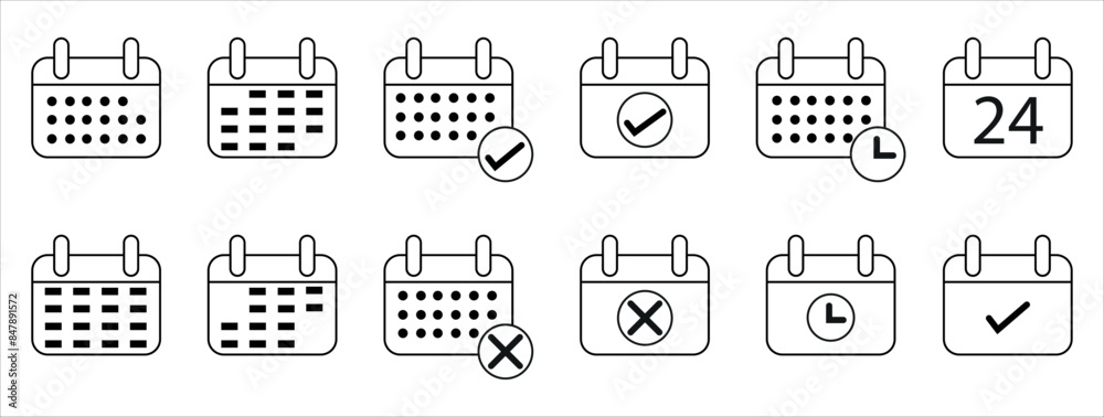 Collection of Calendar Icons. Set of calendar symbols. Meeting Deadlines icon. Time management . Appointment schedule flat outline icon. Vector illustration. Collection of Calendar Icons. Set of calendar symbols. Meeting Deadlines icon. Time management . Appointment schedule flat outline icon. Vector illustration.