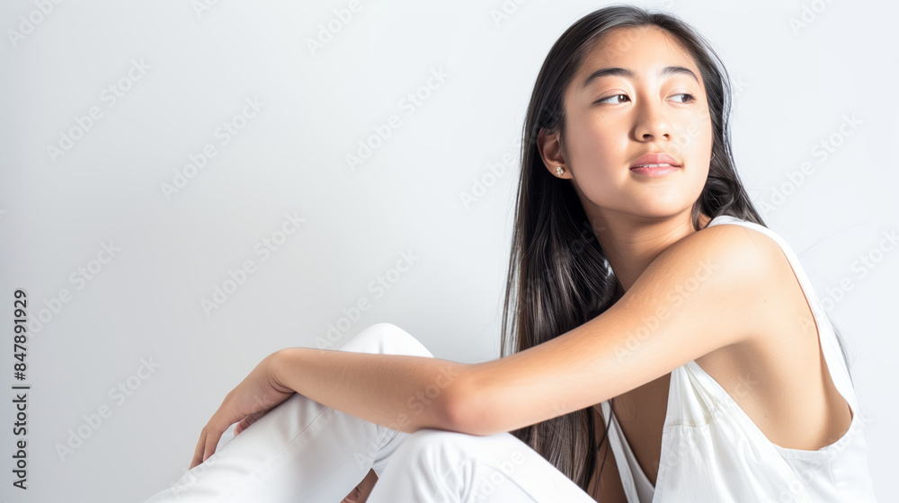 A relaxed young woman with glowing skin and straight hair A relaxed young woman with glowing skin and straight hair