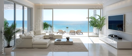 Simple Elegant and white comfortable living room, open plan, modern studio apartment