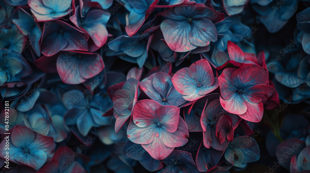 Close-up of vibrant blue and pink hydrangea flowers in bloom Close-up of vibrant blue and pink hydrangea flowers in bloom