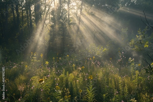 A sunbeam penetrates the forest, illuminating trees as it passes over tall grass and wildflowers on a sunlit day