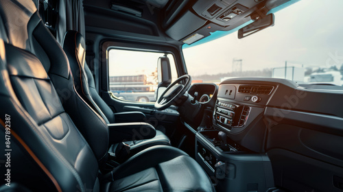 Modern truck cabin interior with steering wheel and dashboard