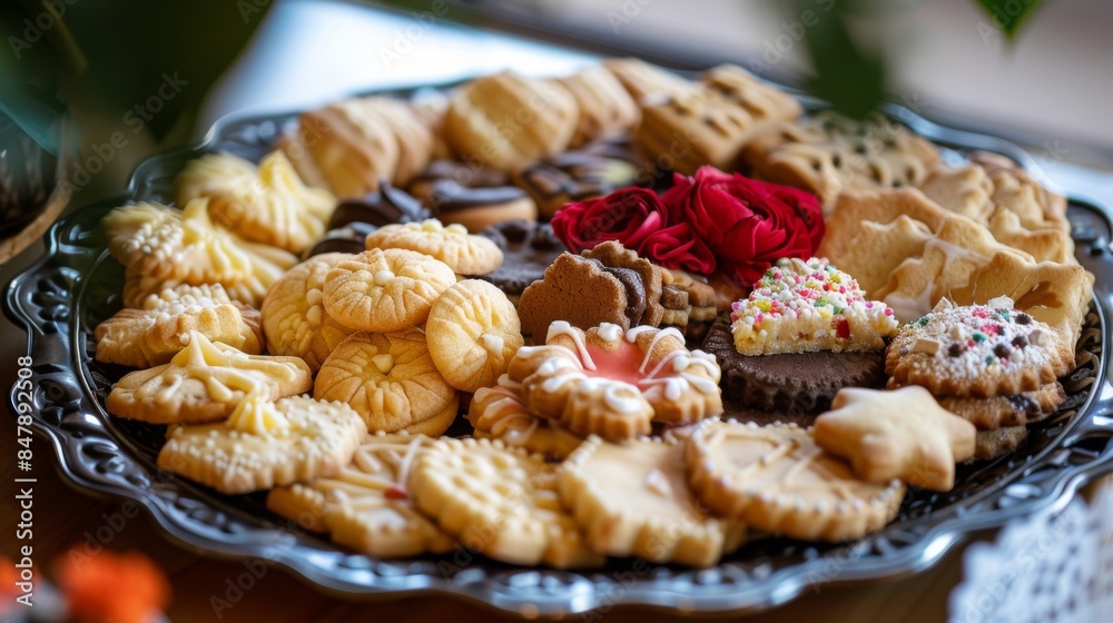A beautifully arranged platter of cookies for a party, with different shapes and designs. A beautifully arranged platter of cookies for a party, with different shapes and designs.