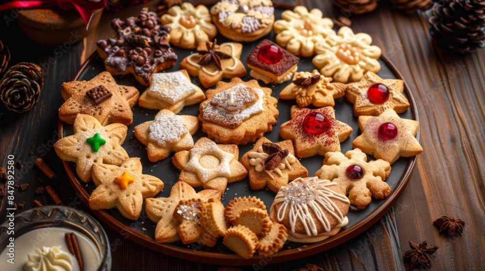 Fototapeta premium A beautifully arranged platter of cookies for a party, with different shapes and designs.