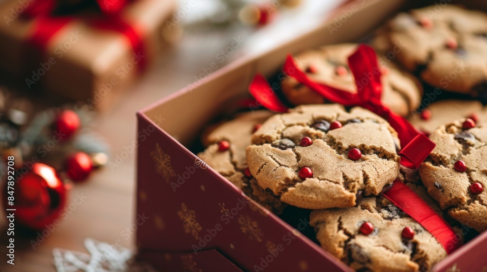 A box of homemade cookies wrapped in festive paper, ready for gifting. A box of homemade cookies wrapped in festive paper, ready for gifting.