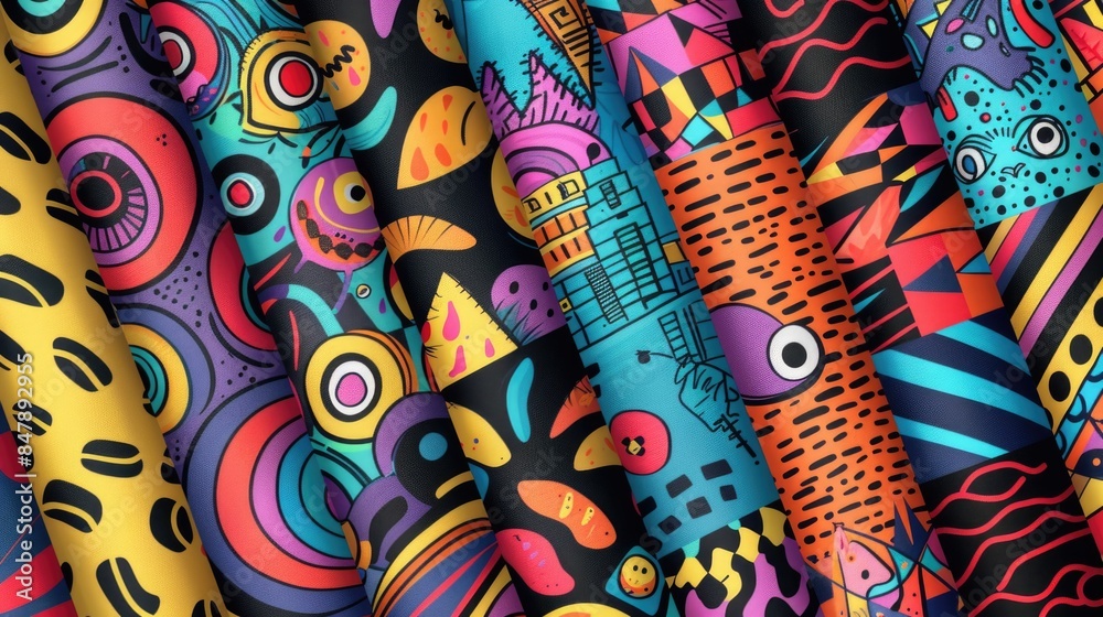 A collection of colorful fabrics with various designs and patterns A collection of colorful fabrics with various designs and patterns