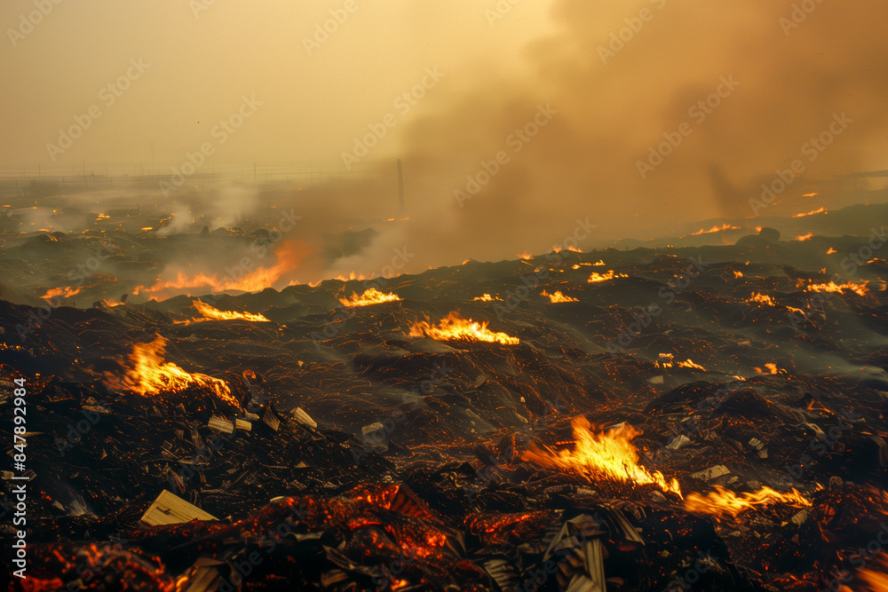 Fototapeta premium Landfill fire, with flames engulfing piles of trash and sending plumes of toxic smoke into the air, exacerbating air pollution and posing health risks to nearby communities