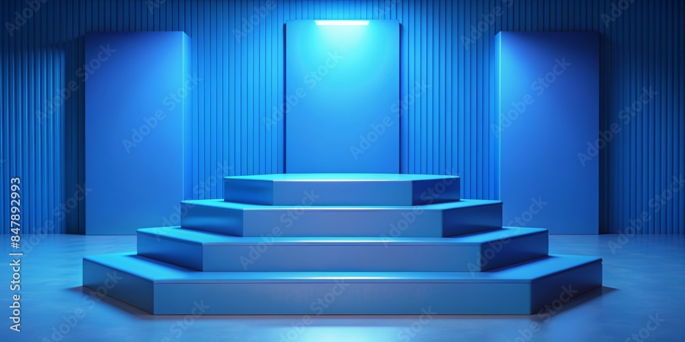 Fototapeta premium Blue illuminated stage with steps in modern setting