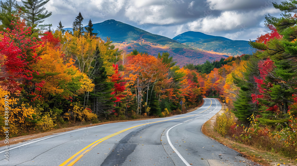 Fototapeta premium Scenic autumn road with vibrant foliage in White Mountains