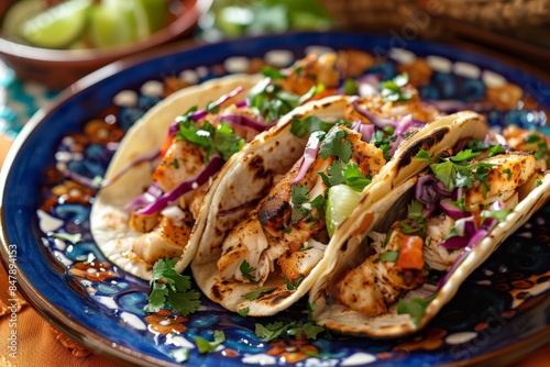Delicious fish tacos topped with fresh herbs and vegetables, served on a colorful plate.