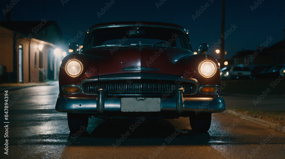 Fototapeta premium Tuned retro car close-up with headlights on in the evening twilight on a dirt road.