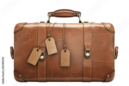 Vintage brown leather suitcase with multiple tags, showcasing a classic design and elegant travel accessory, isolated on white.