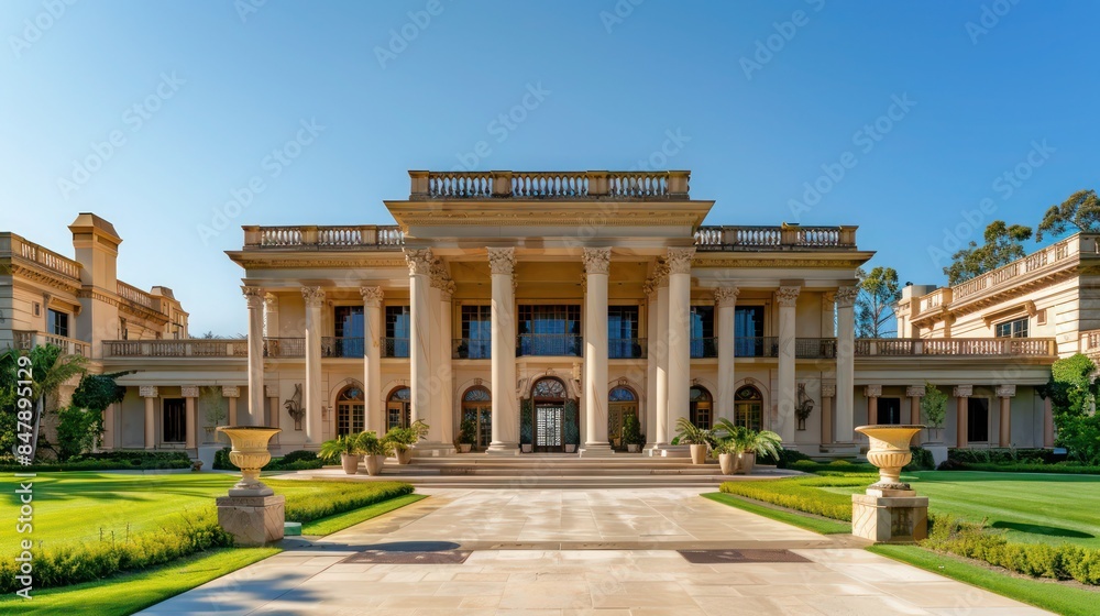 Obraz premium luxurious mansion with a grand entrance, tall pillars, and expansive lawns