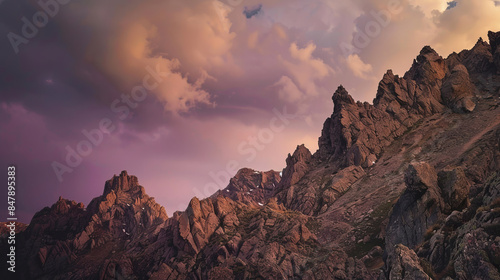 Dramatic mountain landscape at sunset with rocky peaks