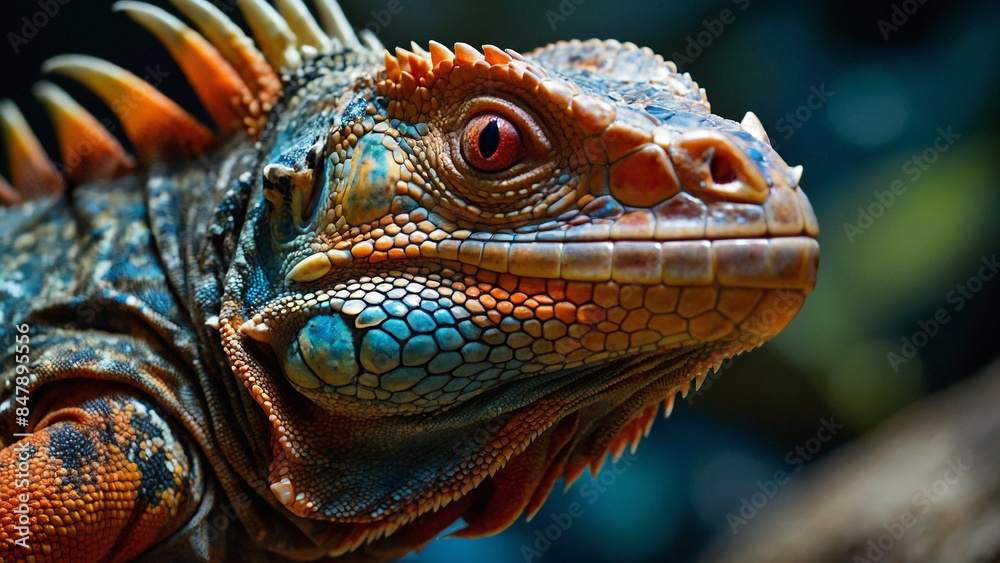 A sizable blue iguana with piercing red eyes and prominent spikes along its back, featuring orange and red accents in its skin color that highlight its distinctive appearance. A sizable blue iguana with piercing red eyes and prominent spikes along its back, featuring orange and red accents in its skin color that highlight its distinctive appearance.