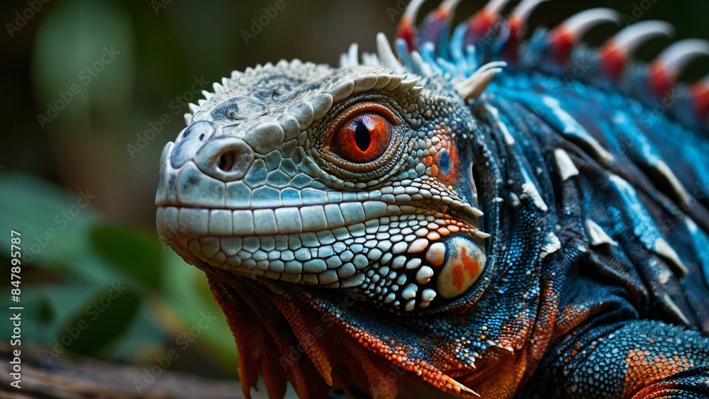 Obraz premium A sizable blue iguana with piercing red eyes and prominent spikes along its back, featuring orange and red accents in its skin color that highlight its distinctive appearance.