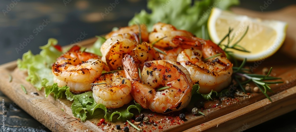 Grilled Shrimp Seasoned with Herbs and Lemon on Wooden Board Grilled Shrimp Seasoned with Herbs and Lemon on Wooden Board