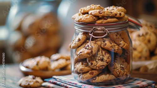 A cookie jar filled with a variety of homemade cookies, lid slightly open. photo