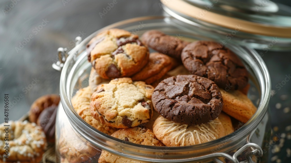 A cookie jar filled with a variety of homemade cookies, lid slightly open. A cookie jar filled with a variety of homemade cookies, lid slightly open.