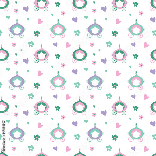 Baby cute seamless pattern with princess carriage in flat style. Vector illustration