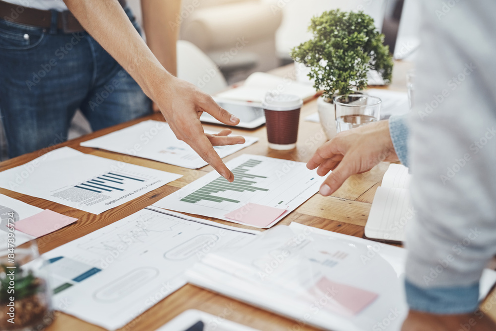 © peopleimages.com - People, group and business meeting with metrics in office as web developer in internship, workshop and company. Team, collaboration and digital agency for analytics, growth or career in brand design