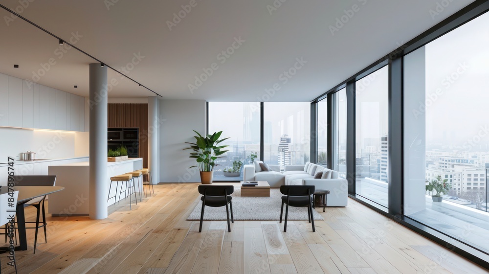 minimalist apartment with floor-to-ceiling windows, clean lines, and open living spaces