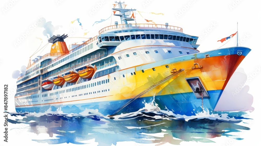 Fototapeta premium a cruise ship clipart, travelling element, watercolor illustration, bright colors, isolated on white background