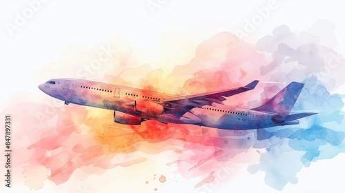 a plane ticket clipart, travelling element, watercolor illustration, soft colors, isolated on white background