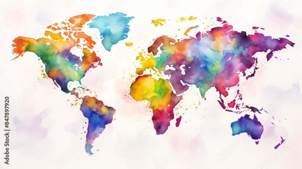 Fototapeta premium a world map clipart, travelling element, watercolor illustration, bright colors, isolated on white background