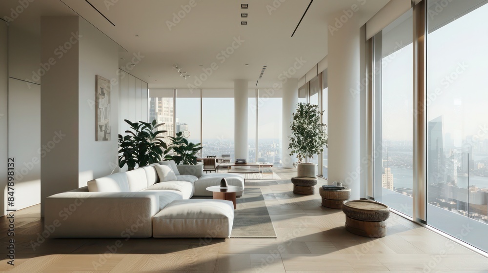 modernist apartment with minimalist decor, large windows, and city views modernist apartment with minimalist decor, large windows, and city views