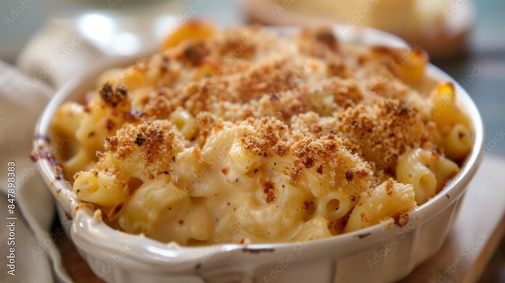 A delectable bowl of creamy macaroni and cheese, baked to perfection with a golden breadcrumb topping. A delectable bowl of creamy macaroni and cheese, baked to perfection with a golden breadcrumb topping.