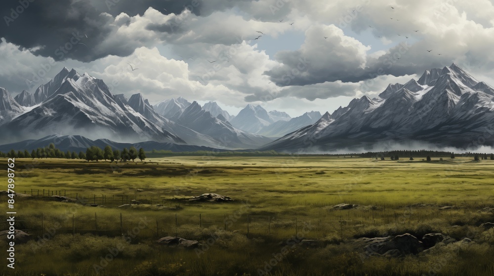 Fototapeta premium Breathtaking landscape of a grassy field surrounded by a majestic mountain range under a cloudy sky