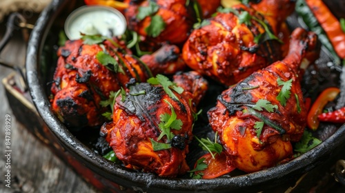 A delicious plate of tandoori chicken marinated in yogurt and spices, cooked to perfection in a clay oven.