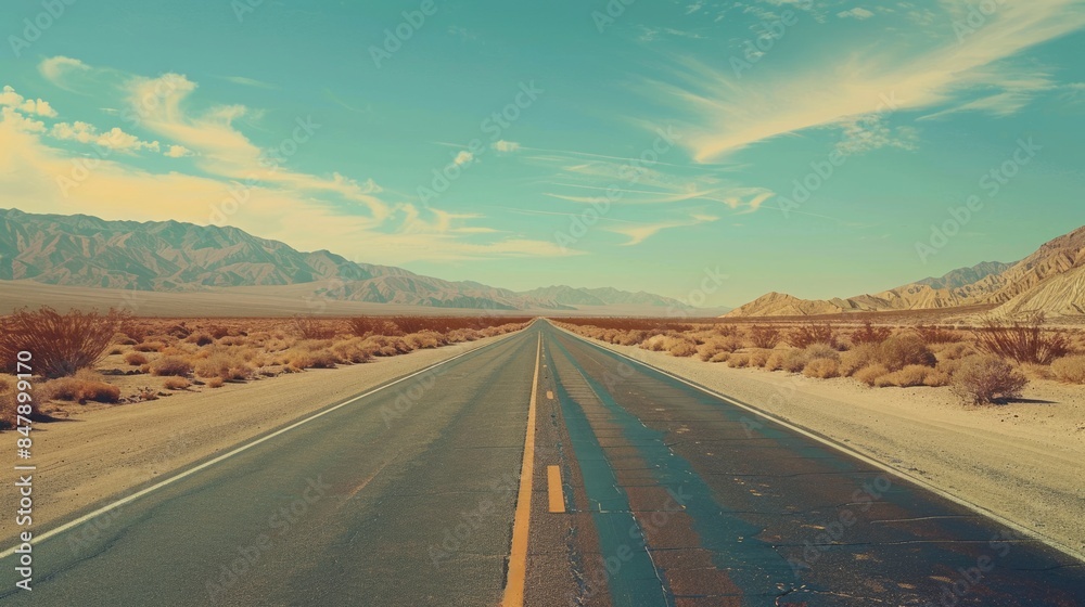 Naklejka premium Desert Highway. Retro Vintage USA Travel Adventure on Scenic Road