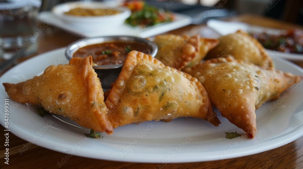 A delicious plate of vegetarian samosas served with tangy tamarind chutney for dipping. A delicious plate of vegetarian samosas served with tangy tamarind chutney for dipping.