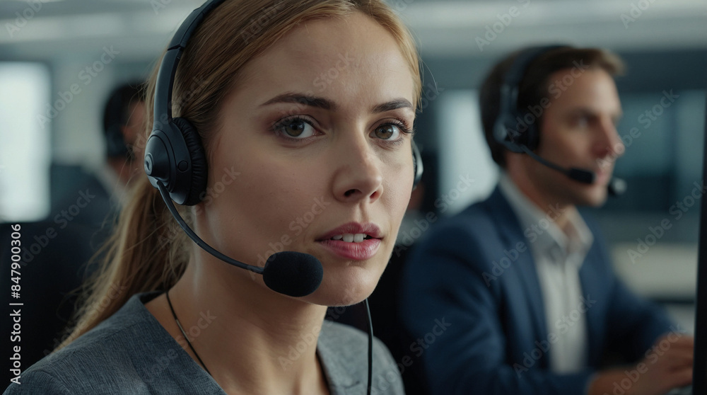 Close-up of a female support worker handling incoming calls and messages online, responding to users through a headset with a microphone.
Close-up of a female support worker handling incoming calls and messages online, responding to users through a headset with a microphone.