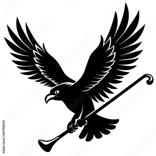 eagle in flight holding a golf club in its talons in sleek black silhouette