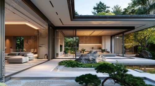 modern bungalow with an open floor plan, large sliding doors, and a zen garden © Aeman