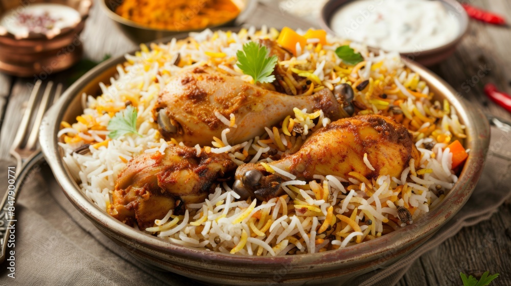 A flavorful biryani dish made with aromatic spices, tender chicken, and fluffy rice, served with raita.