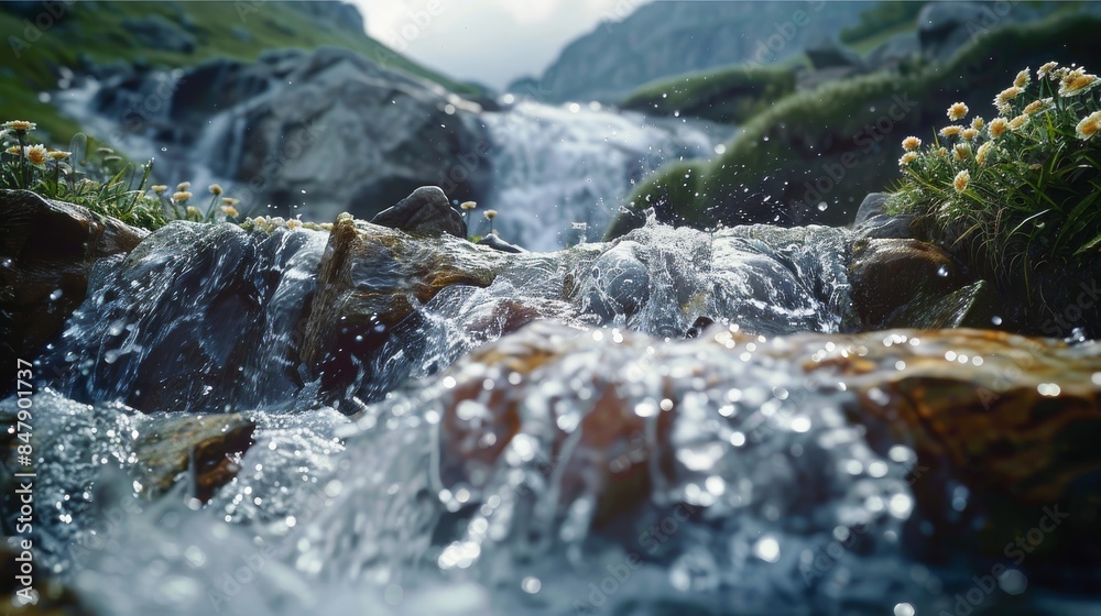 A mountain stream, stone, waterfall, low angle shot. Generative AI. A mountain stream, stone, waterfall, low angle shot. Generative AI.