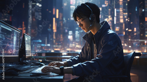 A cybersecurity specialist sits before a panoramic city view, monitoring the security of network connections and databases.