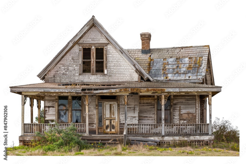 Old House Isolated On White. Abandoned Wooden Bungalow Front View Old House Isolated On White. Abandoned Wooden Bungalow Front View