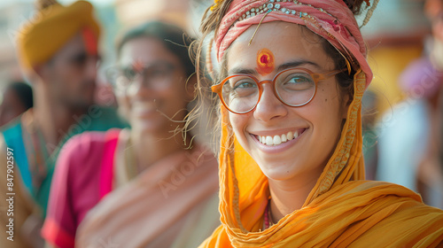 Woman in yellow sari smiles for camera